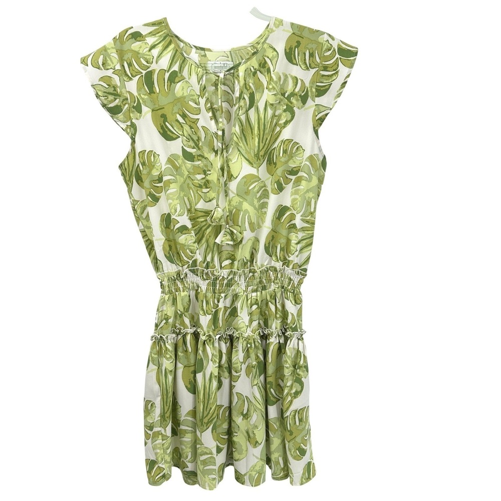 Mud Pie Palm Leaf Dress M Smocked Waist Ruffle Tiered Green/White Coastal Vacay - Picture 2 of 9